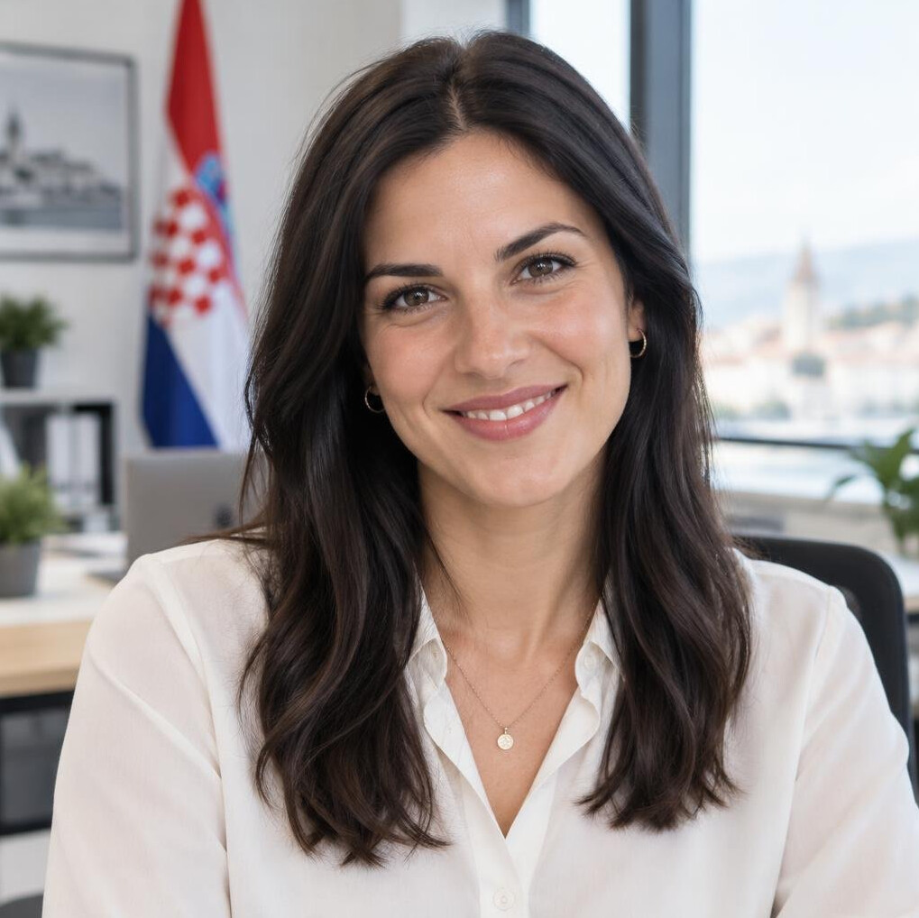 Portrait of a young professional woman with dark hair smiling