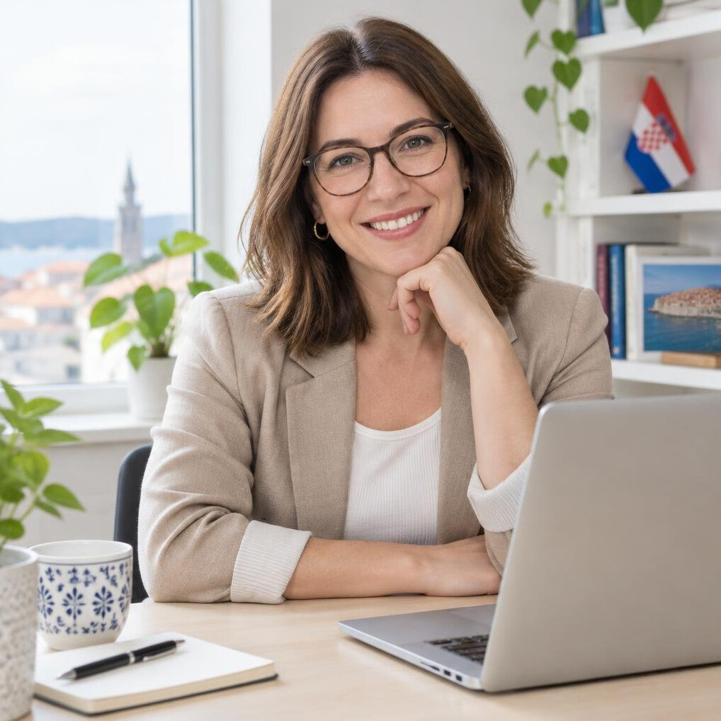 Smiling businesswoman in glasses sitting at a desk with laptop