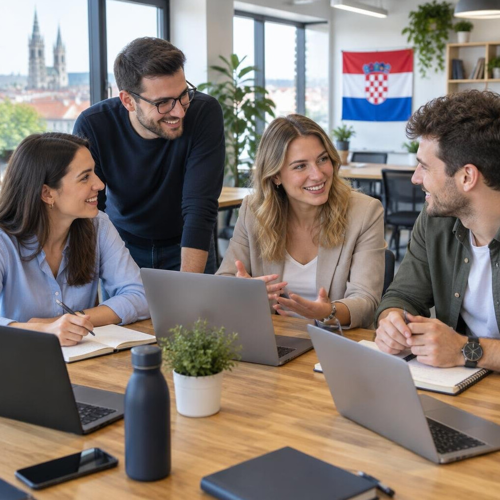 Group of colleagues collaborating around a table with laptops