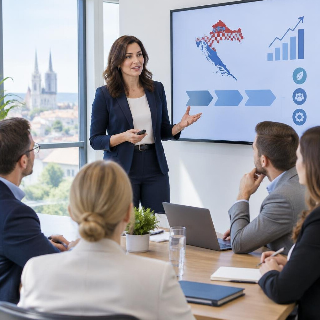 Leader presenting strategy to a team in a modern meeting room