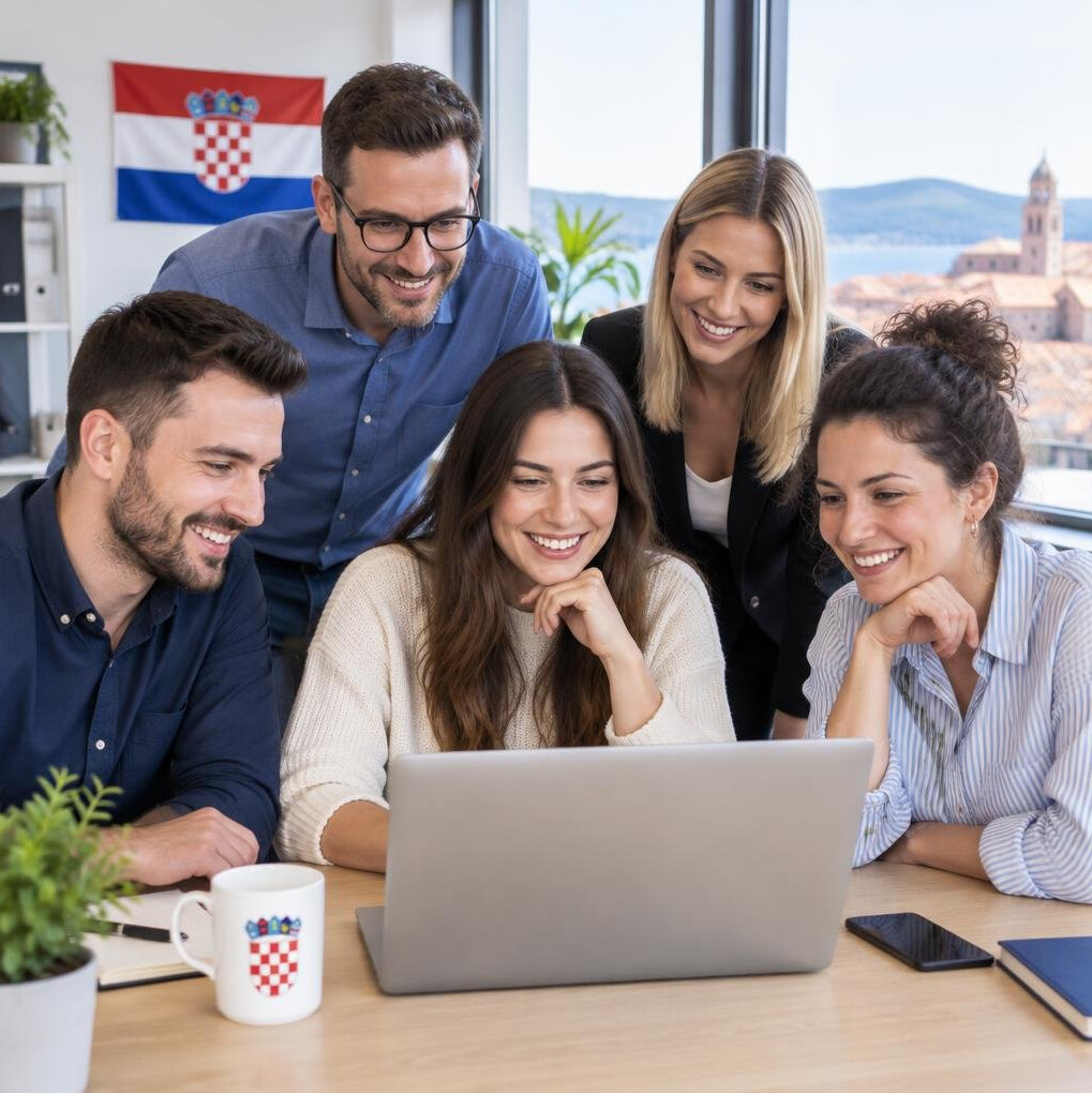 Smiling colleagues gathered at a desk in an office